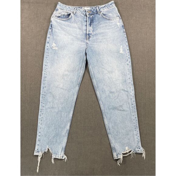 Zara High Rise Mom Jeans Women 12 Light Wash Thrashed Hem Distressed Y2K Grunge - Picture 1 of 13